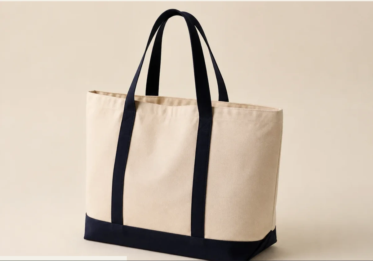 Natural canvas shopping bag with dark handles and a dark base on a warm neutral background