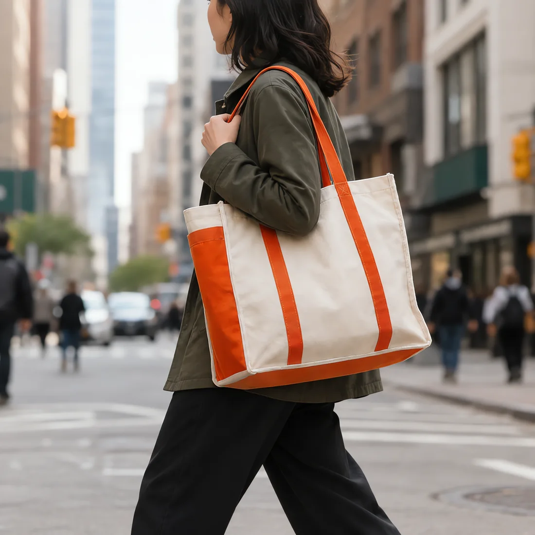 Two-tone cotton canvas shopping bag carried on a city street
