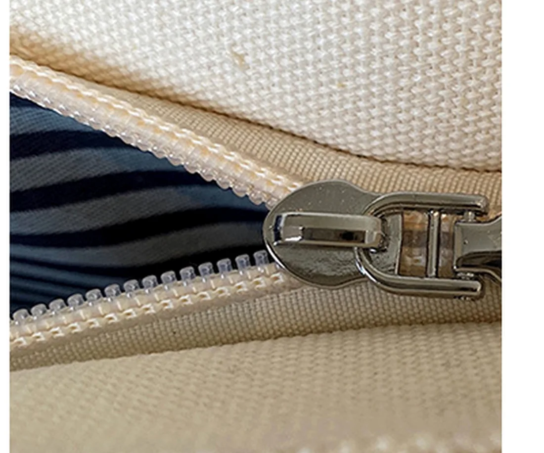 Canvas bag closure, seam and zipper detail