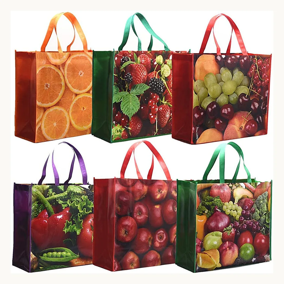 Six colorful full-print non-woven shopping bags arranged as one product series